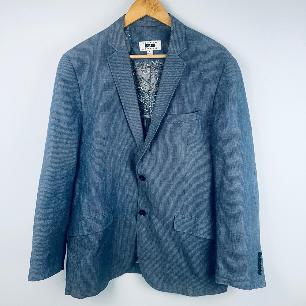 Joseph Abboud Mens L Blue Linen Micro Stripe Elbow Patch Unstructured Blazer